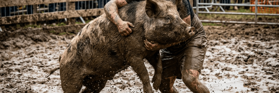Man wrestling a large muddy pig in a muddy fenced arena with crowd