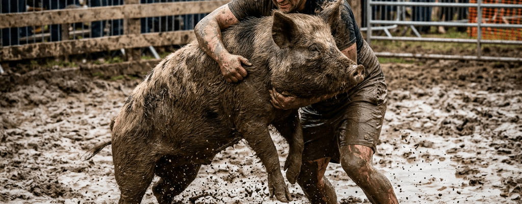 Man wrestling a large muddy pig in a muddy fenced arena with crowd