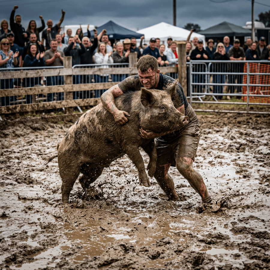 Man wrestling a large muddy pig in a muddy fenced arena with crowd