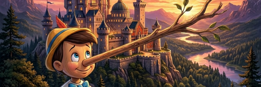Pinocchio with a long nose sitting on a log near a castle at sunset
