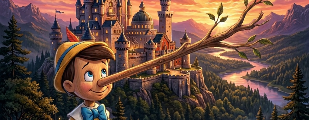 Pinocchio with a long nose sitting on a log near a castle at sunset