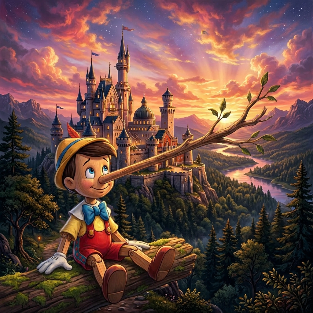 Pinocchio with a long nose sitting on a log near a castle at sunset