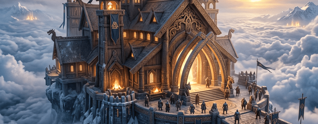 A large Viking-style wooden hall with intricate carvings and flags, set on a rocky mountain peak above dense clouds, with people standing on the stone bridge and terrace
