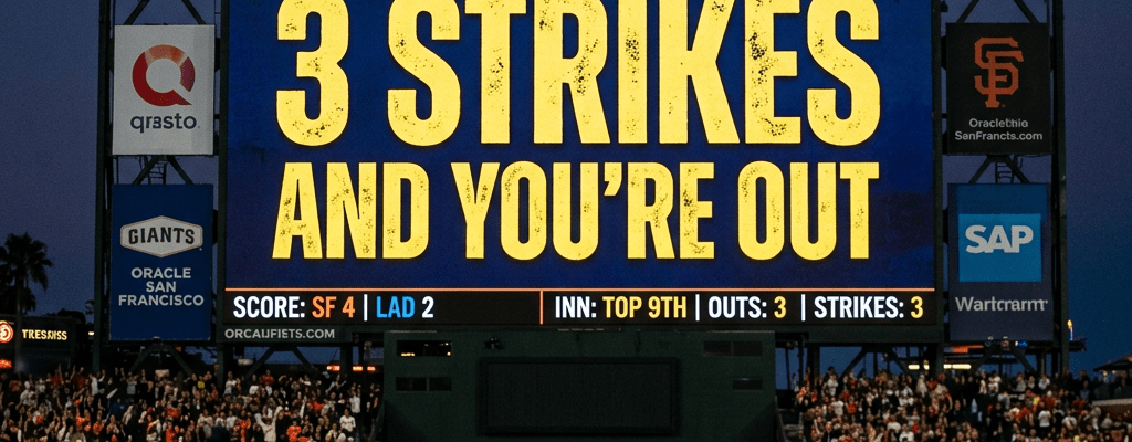 Baseball scoreboard displaying '3 Strikes and You're Out' with game score and inning information