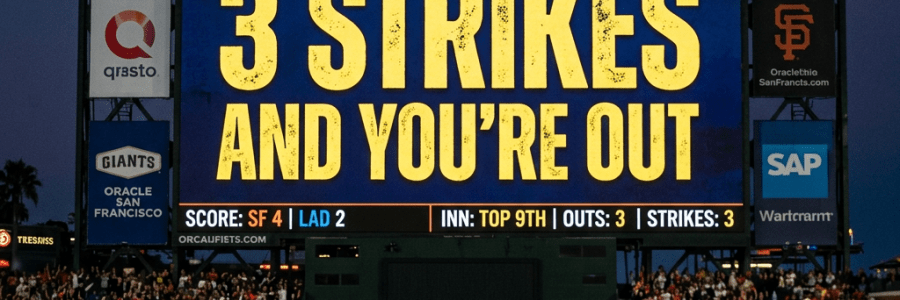 Baseball scoreboard displaying '3 Strikes and You're Out' with game score and inning information