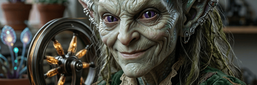 Smiling elf-like creature with purple eyes, scaled skin, and pointed ears adorned with rings, sitting by a crafting wheel surrounded by glowing plants and gold thread.