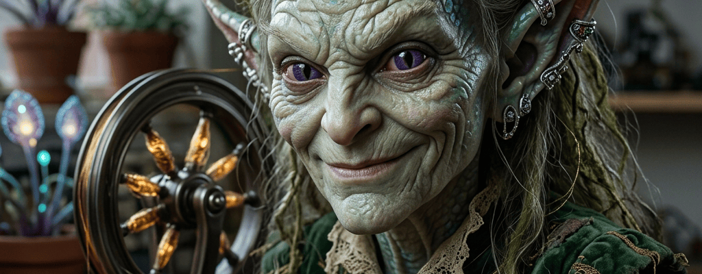 Smiling elf-like creature with purple eyes, scaled skin, and pointed ears adorned with rings, sitting by a crafting wheel surrounded by glowing plants and gold thread.