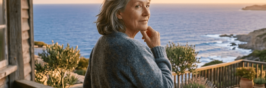 Older woman standing on porch looking thoughtful with overlay images of family moments and memories
