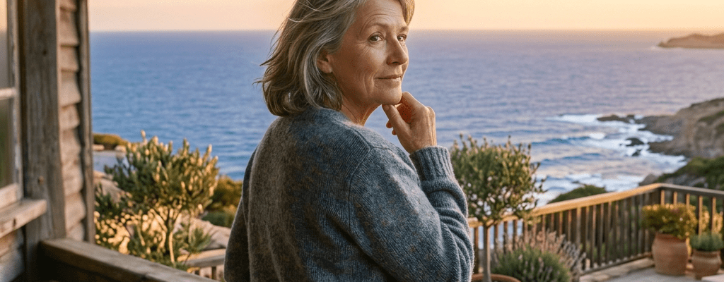 Older woman standing on porch looking thoughtful with overlay images of family moments and memories