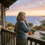 Older woman standing on porch looking thoughtful with overlay images of family moments and memories