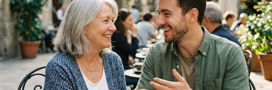 Older woman and younger man smiling and talking at an outdoor café table with coffee cups and pastry.