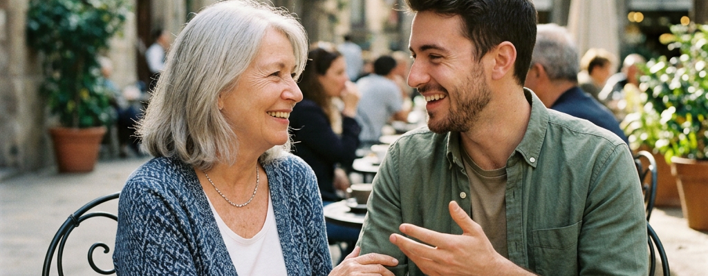 Older woman and younger man smiling and talking at an outdoor café table with coffee cups and pastry.