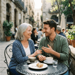 Older woman and younger man smiling and talking at an outdoor café table with coffee cups and pastry.