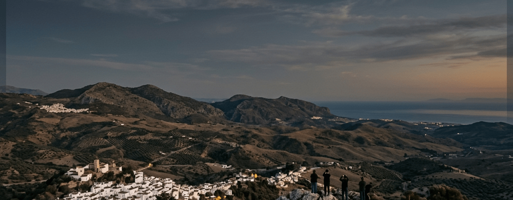Partial solar eclipse over a mountainous landscape with a village and five people observing