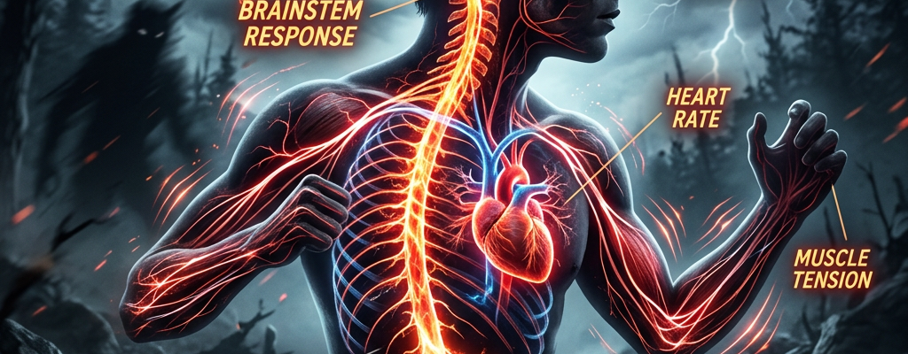 Diagram labeled sympathetic overdrive, amygdala hyperactivity, brainstem response, hypothalamus, increased senses, heart rate, muscle tension, peripheral nervous system, somatic nerves, and sympathetic nerves.