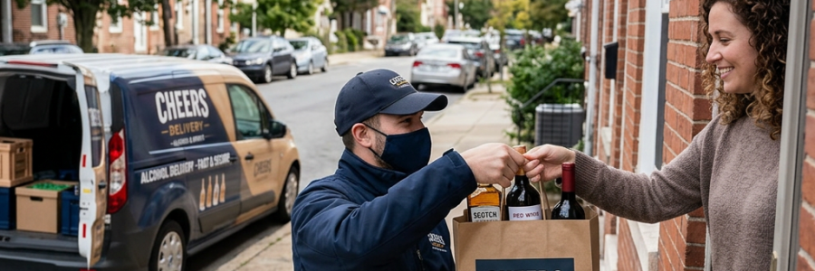 Masked delivery worker handing alcohol delivery bag to customer