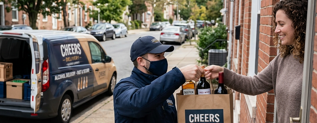 Masked delivery worker handing alcohol delivery bag to customer