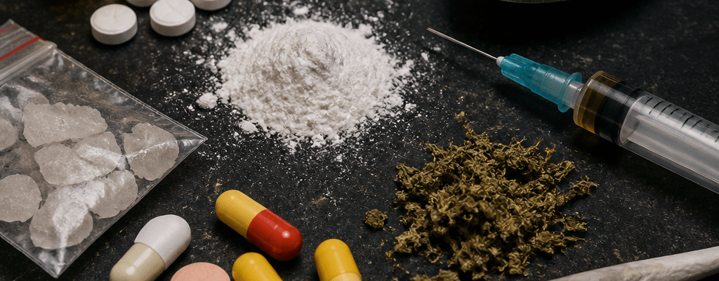 Pills, powdered substances, cannabis, syringe, spoon, and rolled cigarette on a dark surface
