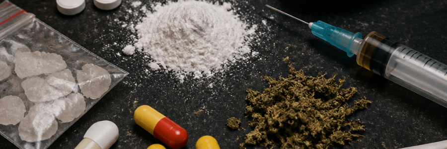 Pills, powdered substances, cannabis, syringe, spoon, and rolled cigarette on a dark surface