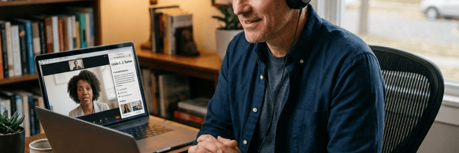 Man wearing headphones joins a video call at his home office desk