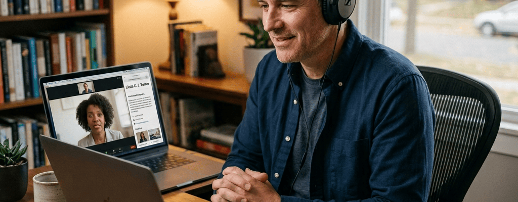 Man wearing headphones joins a video call at his home office desk