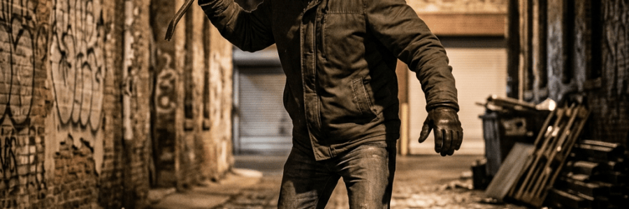 Hooded man holding a crowbar in a dimly lit alley
