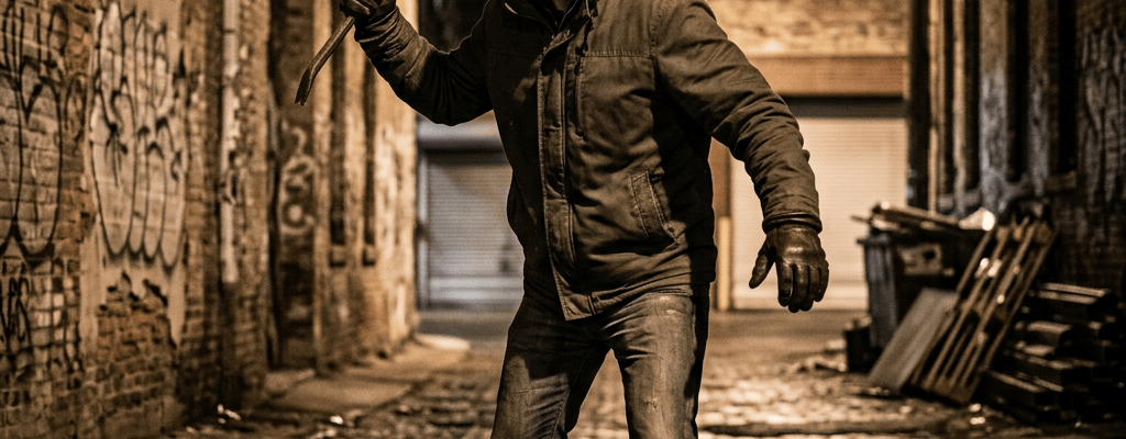 Hooded man holding a crowbar in a dimly lit alley