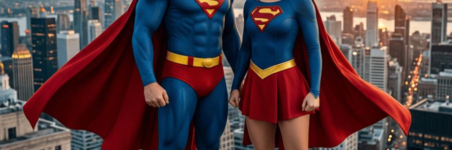 Two superheroes in blue and red costumes standing above a city skyline at sunset