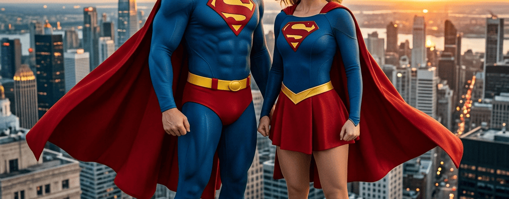 Two superheroes in blue and red costumes standing above a city skyline at sunset